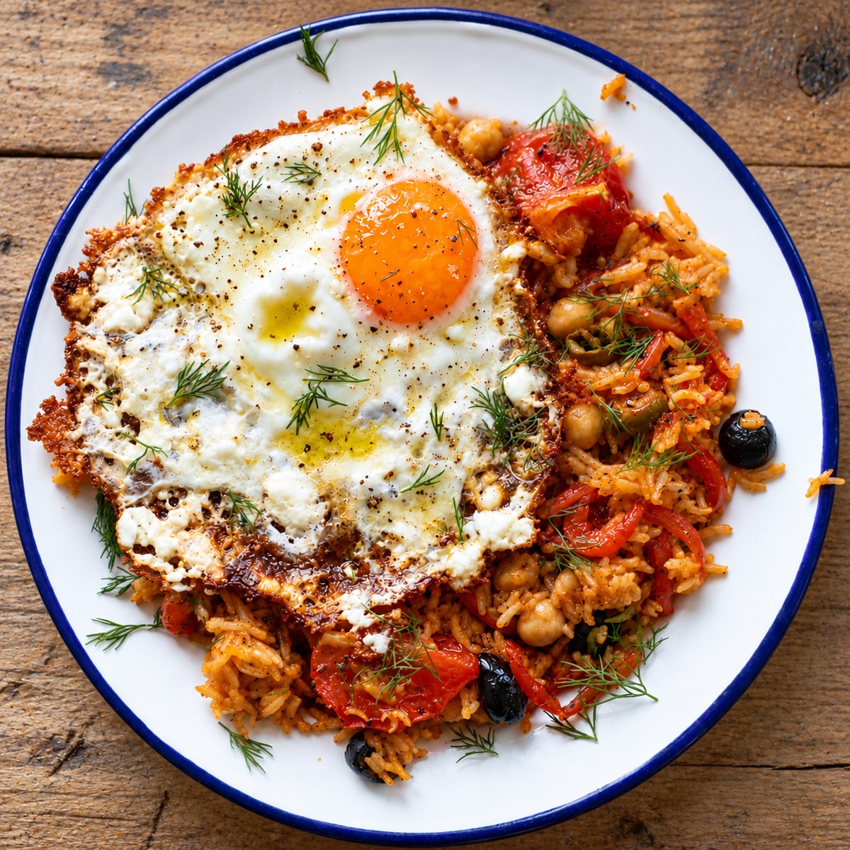 A fried egg with crisp brown edges on tomato rice and chickpeas, served on a blue-rimmed plate.