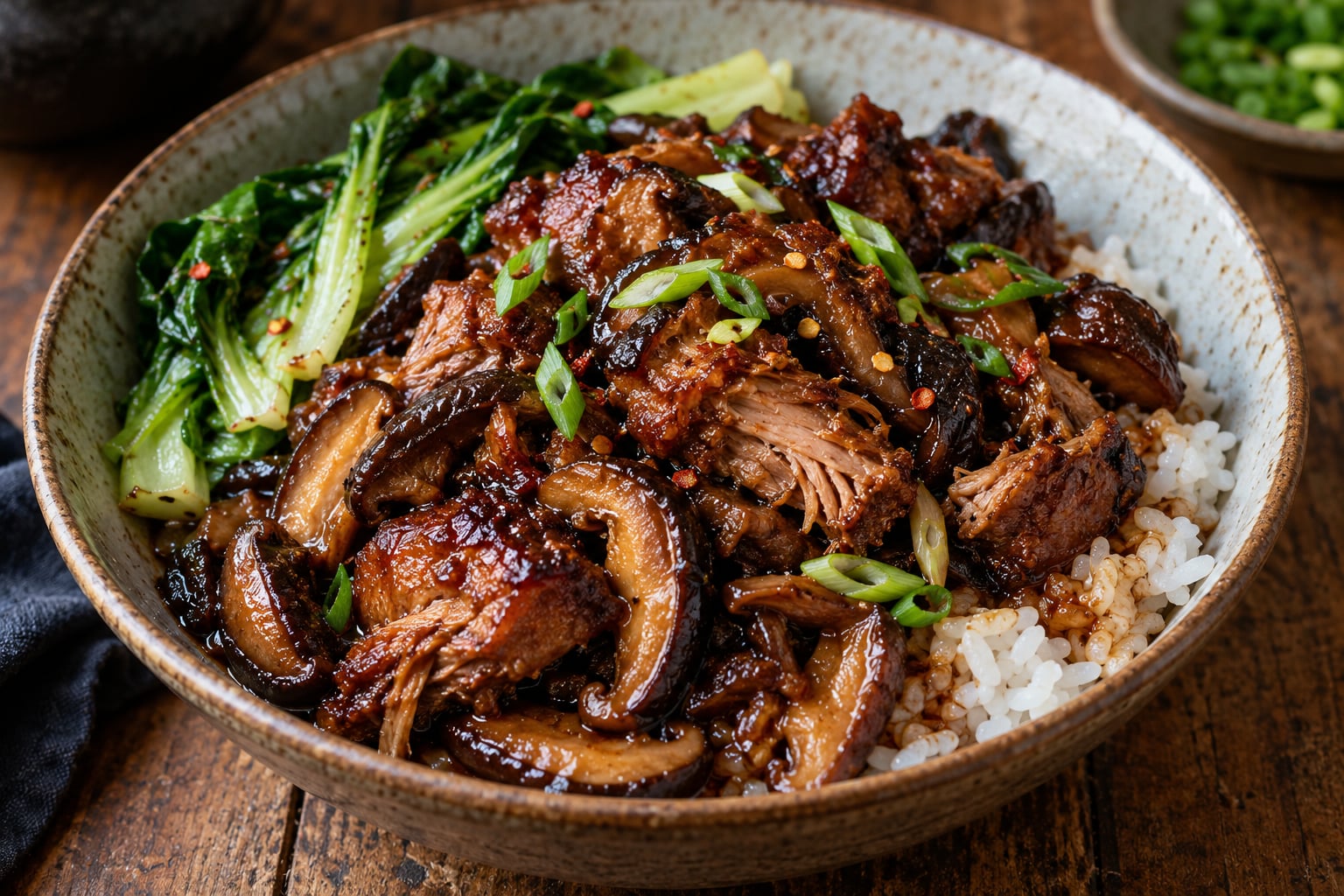 Glossy soy-braised pork neck and shiitake mushrooms over rice with spring onions and greens