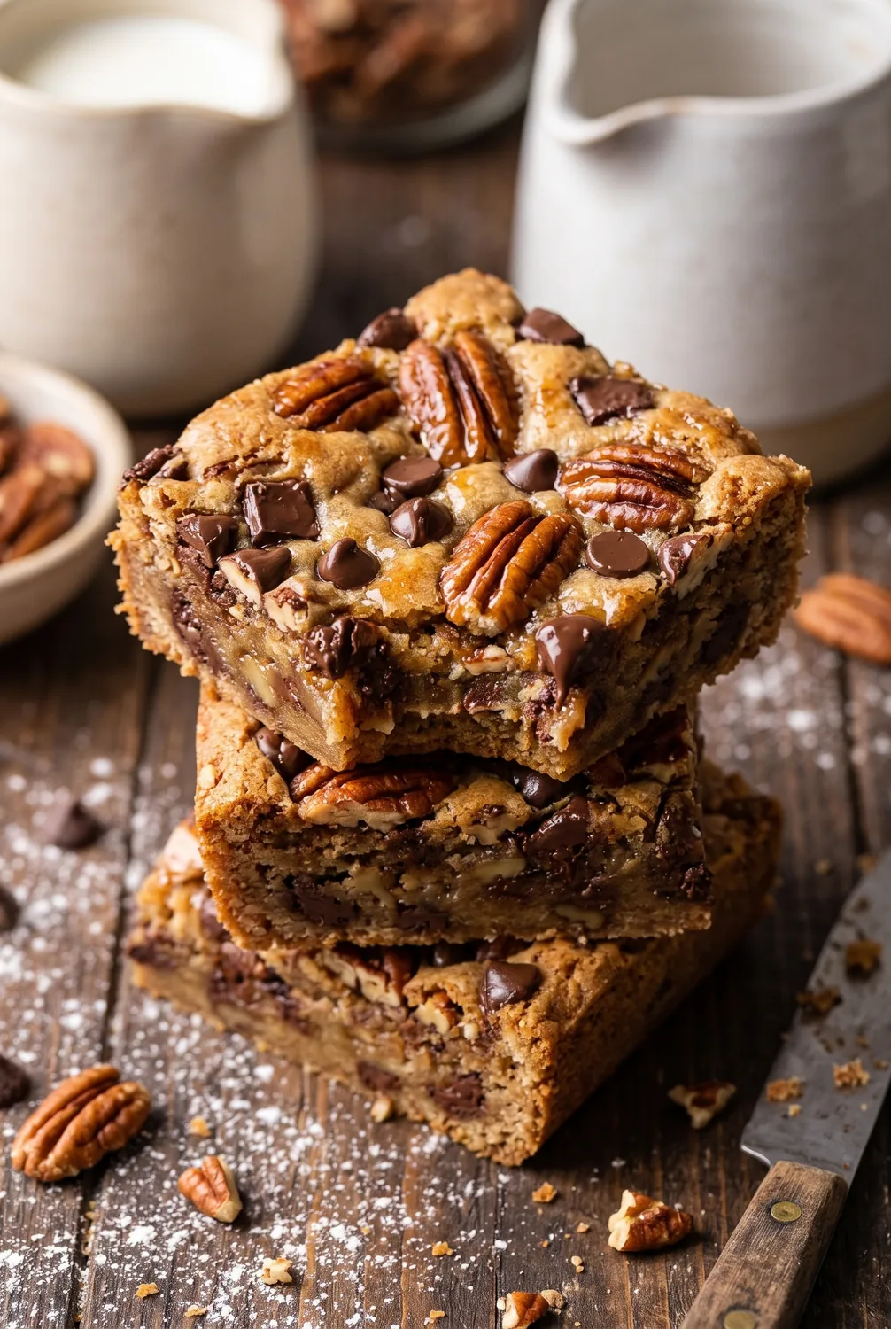 Three stacked blondie squares studded with dark chocolate and pecans on a wooden board, with white ceramic jugs behind.