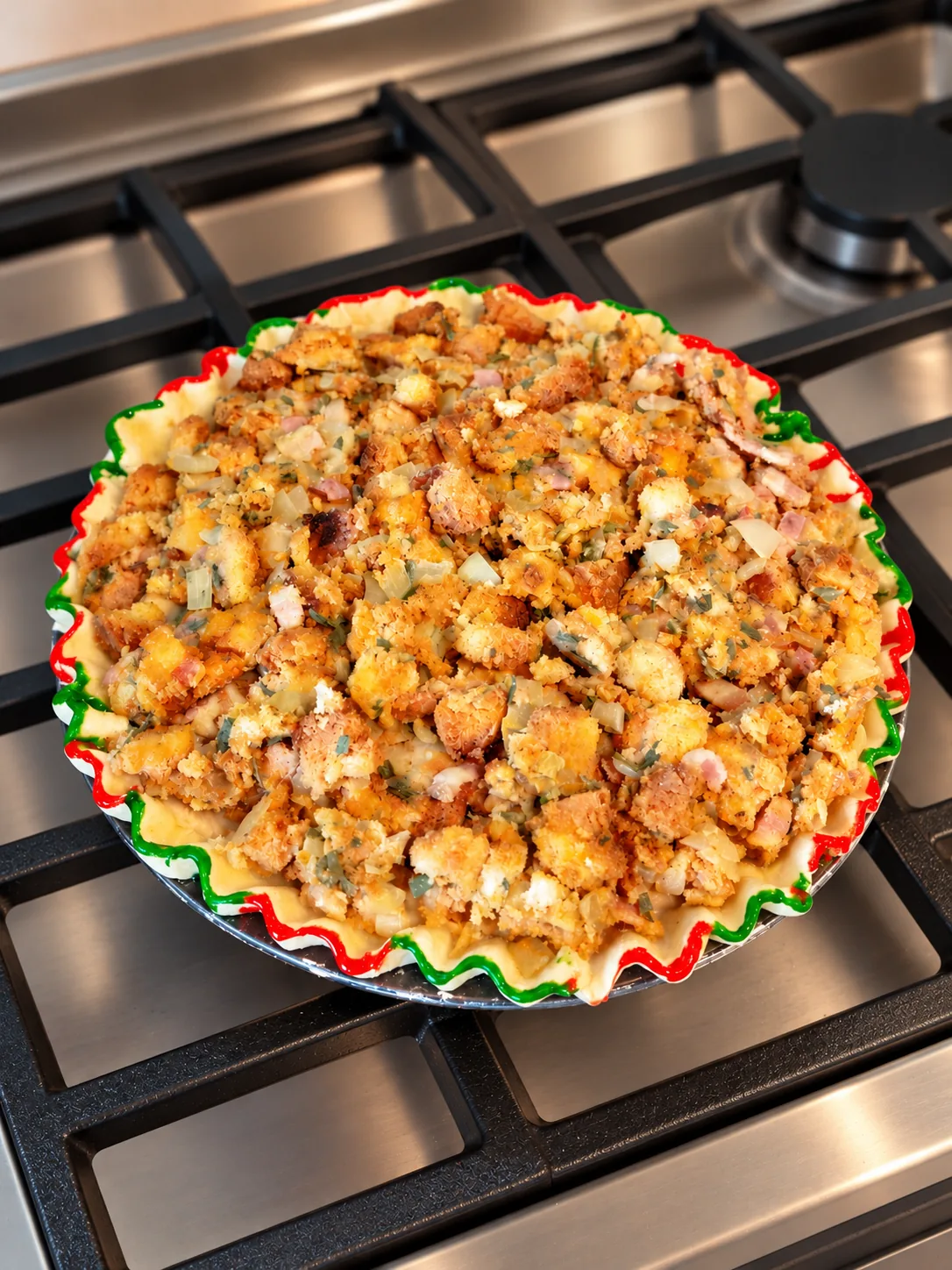 A round Christmas dinner pie topped with chunky golden stuffing, onion and herbs, with a red-and-green fluted pastry rim, in a metal tin on a clean stovetop.