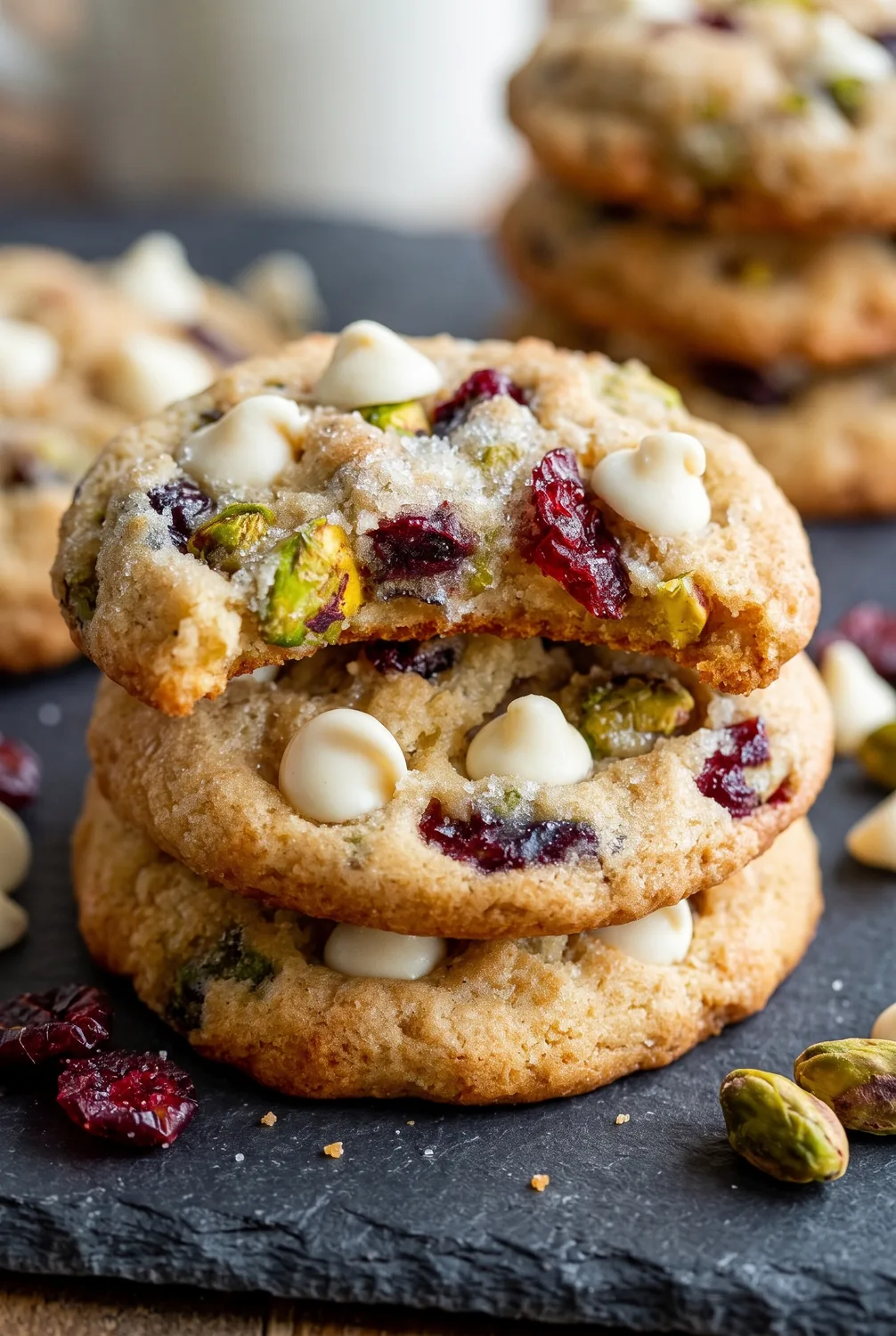 Stacked golden cookies with white chocolate chips, dried cranberries and green pistachios on dark slate, with a bite missing from the top cookie.